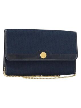 Authentic Christian Dior Trotter Canvas Chain Shoulder Bag Navy Gold
